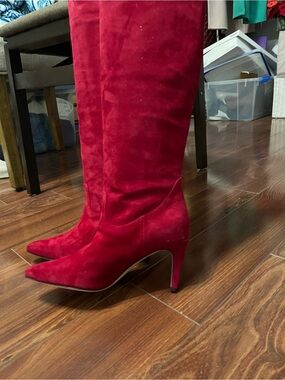Via Spiga Red Suede Pointed-Toe Knee-High Heeled Boots